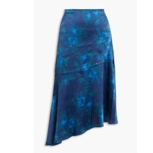 Ganni asymmetrical navy floral-print bias cut silk skirt